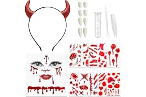 ZZXLLRO Halloween Vampire Costumes for Women, Devil Horns Headband, Vampire Face Jewels, Vampire Teeth, Scary Tattoos for Kids Girls Makeup Cospaly Accessories