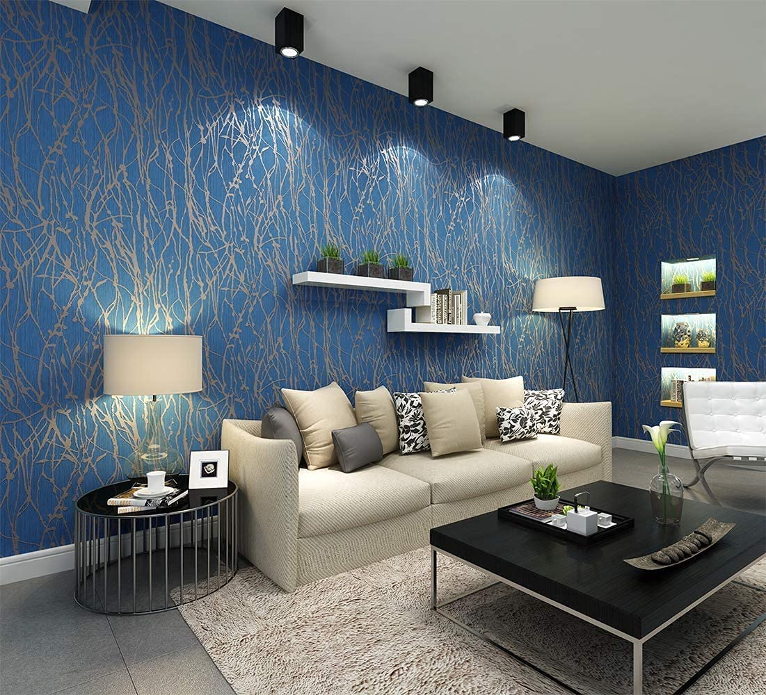 Modern Fashion Abstract Curve Striped Line Pattern Non-Woven Living Room Bedroom TV Background Non-Pasted Wallpaper Roll Blue Gray 1.73' W x 32.8' L