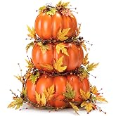 Briwooody 20" Fall Stacked Pumpkin 3 Tier for Porch Decor with Garland | for Outdoor Statue Front Porch Yard, Large Foam Fake Pumpkin, Maple Leaf Garland, Autumn Harvest Thanksgiving Halloween Decor