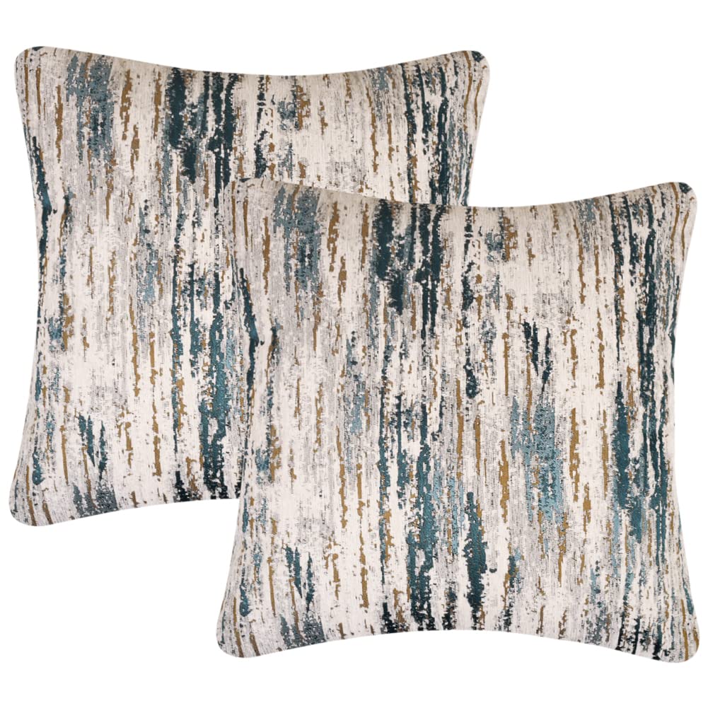 Yeiotsy Pack of 2, Nordic Style Cozy Decorative Throw Pillow Covers for Sofa Bed Car Chair Geometric Cushion Cases Jacquard Chenille (Teal Stripes, 18 X 18 Inches)