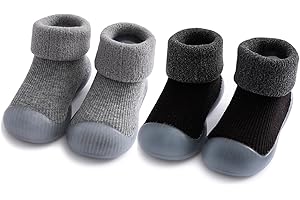 HOVELL 2 Pairs Baby Sock Shoes Toddler Warm Fuzzy Thick First Walking Shoes Baby Boys Girls Slip-on Slippers Soft Rubber Sole Sneakers