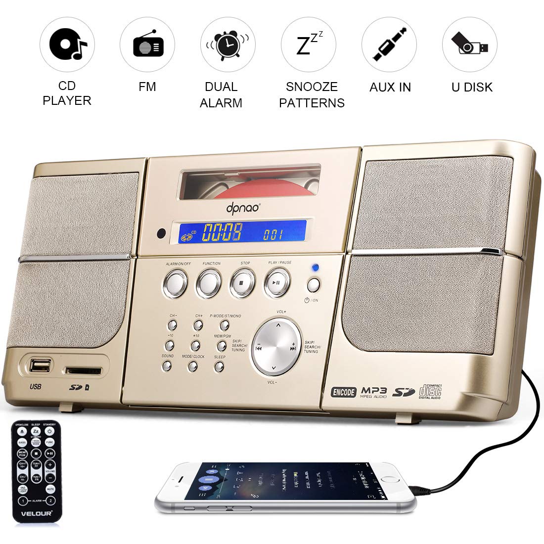 Amazon.com: Portable cd Player，Boombox DPNAO with Headphones Jack FM Radio  Clock USB SD and Aux Gold for Kids Laptop: Electronics