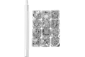 RUNROTOO 12 Zodiac Sign Leather Stamping Tool Set 13pcs Zinc Alloy Punch Press with Handle for DIY Leather