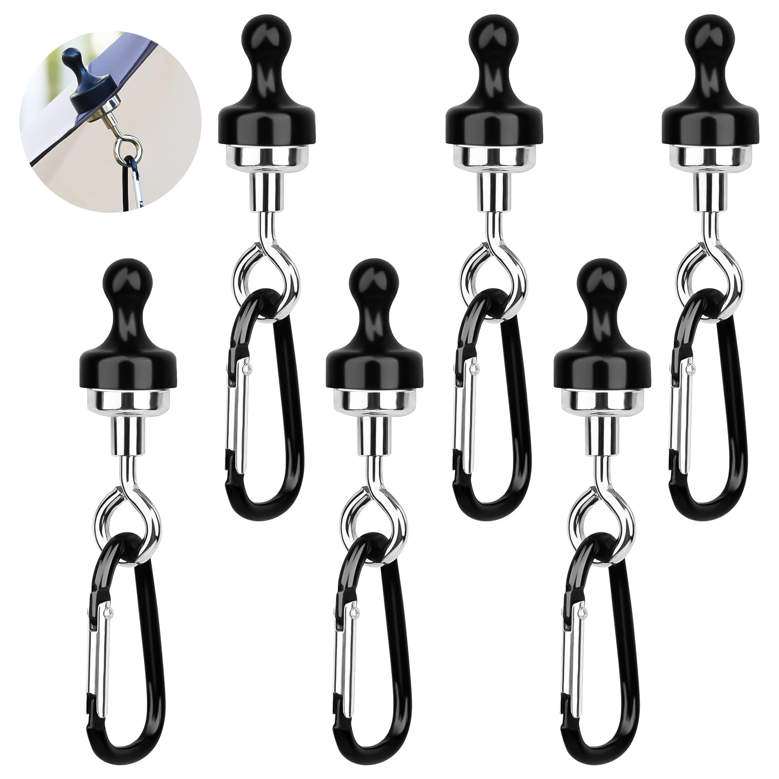 Fonyet Magnetic Hooks Extra Strong 6 Pieces Magnet with Carabiner Hook, 360 Degree Rotating Magnetic Hook Round Removable Magnetic Hook for Camping Garage Kitchen Office Hooks