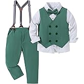 YALLET Boy Clothes Suits, Formal Dress Shirt with Bowtie+Vest+Suspender Pants Big Kid Gentleman Wedding Outfits 6-10 Years