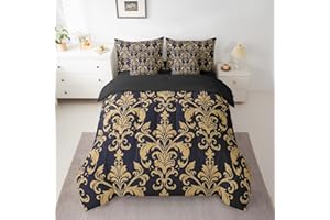 Erosebridal Parure de lit élégante damassée Bed in A Bag 7 pièces avec housse de couette et draps à motif floral doré et noir