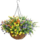 BCBLF Artificial Hanging Plants Flowers with Basket for Spring Summer Outdoor Decoration, Yellow Purple White Orange