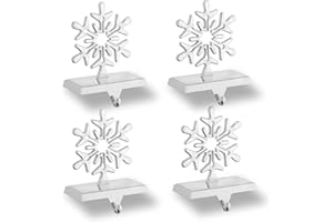 Minetom Snowflakes Christmas Stocking Hanger 4 Pack Metal Stocking Holder Stand 3D Sliver Sturdy Stocking Hook Christmas Ornaments for Tables Window Fireplace Mantle Home Decoration