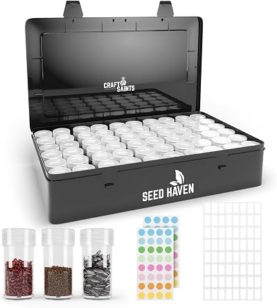 CraftSaints Seed Organizer Storage Box with 60 Bottles & Labels