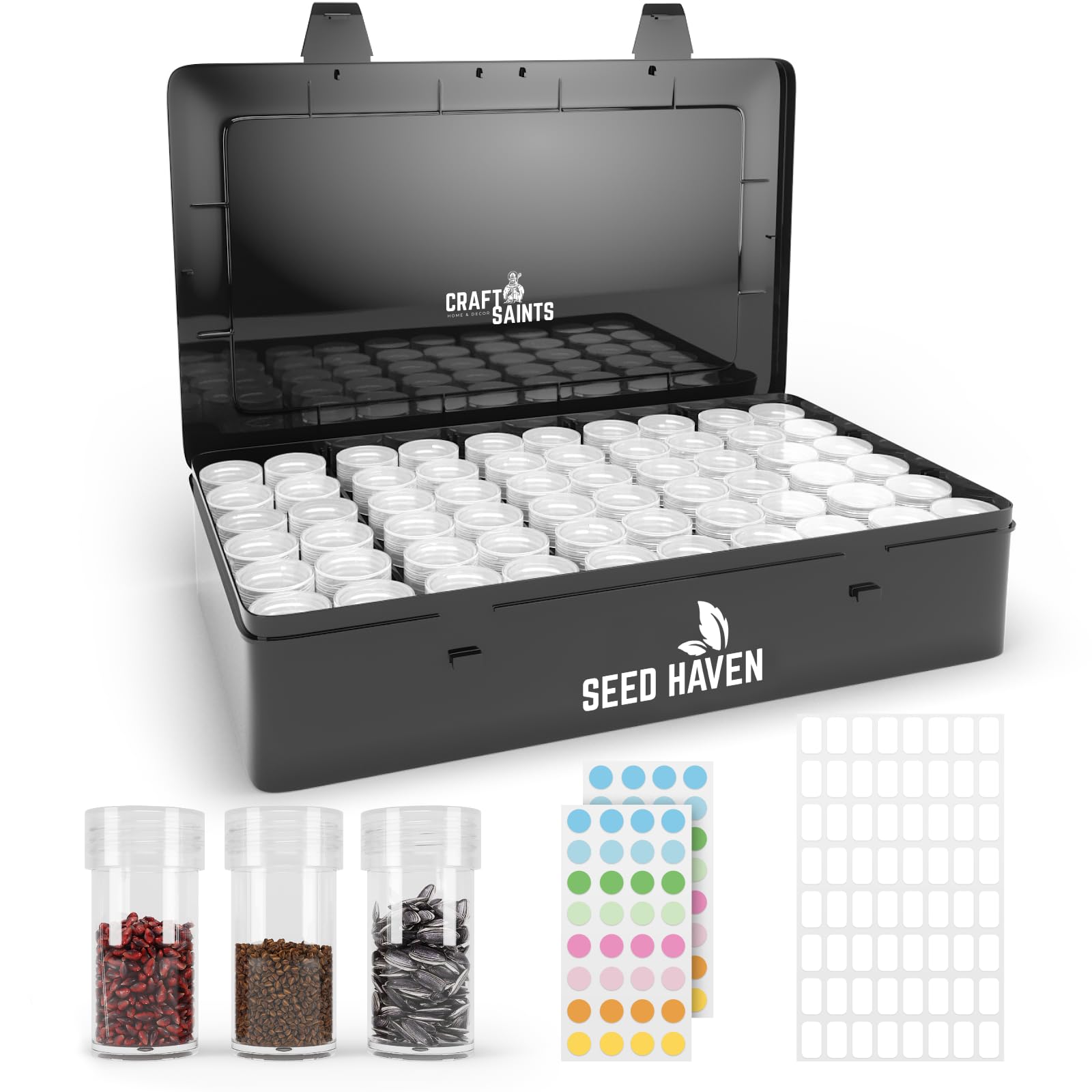Photo 1 of Seed Organizer Storage Box, Black Opaque Light Proof Seed Bank with 60 Transparent Bottles & Labels, Seed Holder Packet Organizer, Seed Vault Container for Homesteaders, Garden Tackle and Sorter