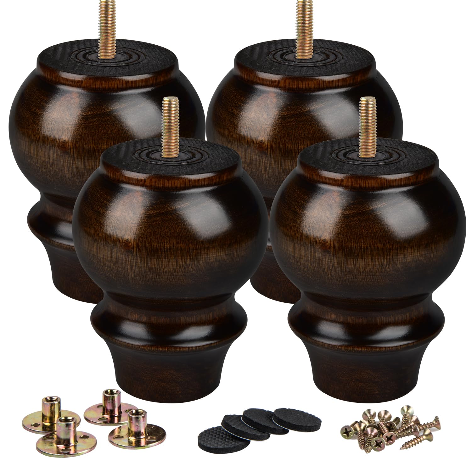 La Vane 4 inch Wooden Furniture Legs, 4PCS Soild Wood Turned Spindle Replacement Bun Feet with Pre-Drilled M8 Inch Bolt & Mounting Plate for Couch Sofa Cabinet Ottoman