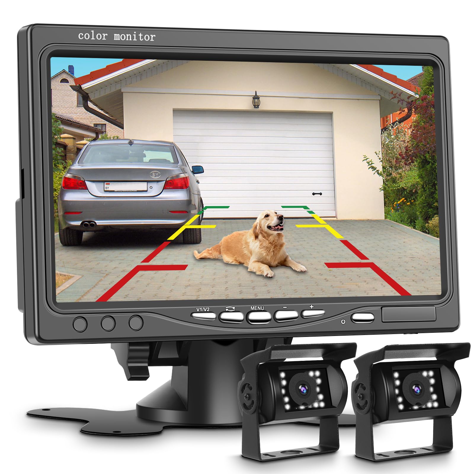 podofo K0083 Dual Backup Camera + 7 inch Monitor Kit, 12V-24V, Rear View Cameras with 18 IR Night Vision Waterproof Reverse Camera for Truck RV Bus Parking Assistance System
