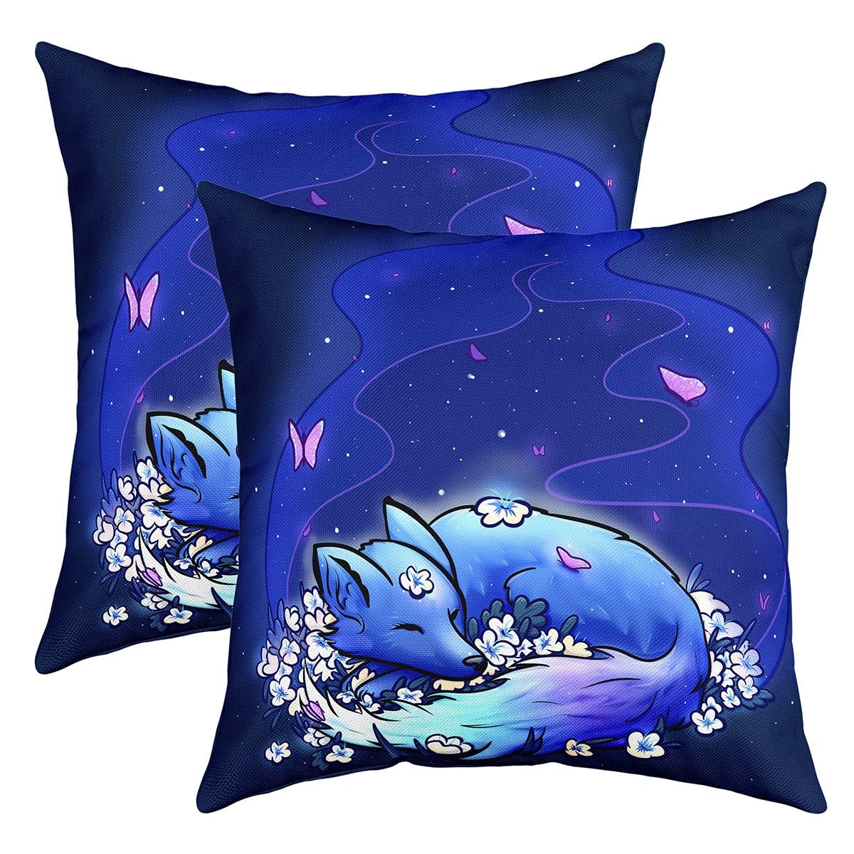 Loussiesd Cute Cartoon Fox Throw Pillow Covers 20"x20" Set of 2 Soft Butterfly Cushion Covers for for Sofa Botanical Floral Flower Print Glitter Blue Decorative Pillowcases Outdoor Pillows Covers