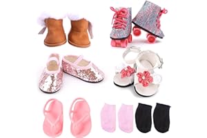 QSKJJI 18 inch Doll Accessories, 5 Pairs of Doll Shoes+2 Socks 18” Doll Shoes Includes Snow Boots/Roller Skates/Sandals/Flip-Flops/Dance Shoes/Pink/Black Socks for American Doll Boy or Girl Dolls
