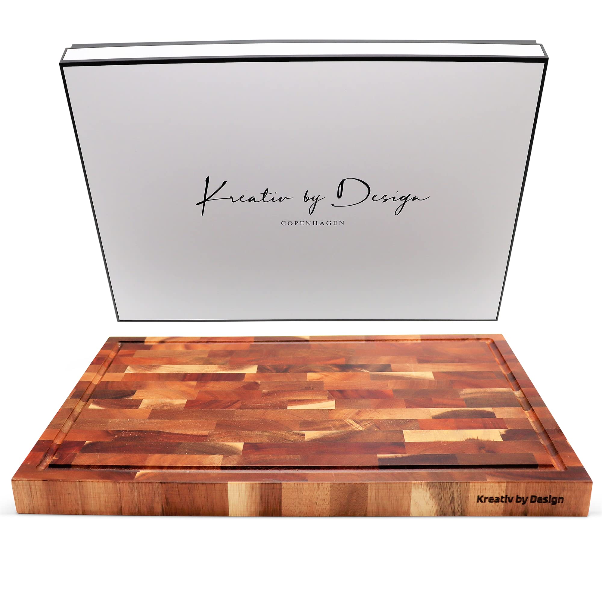 KREATIV BY DESIGN Grain Acacia Wooden Chopping Board 42 x 27.4 x 3cm with Juice Groove | Large Thick End Knife-Friendly Butchers Block | Wood Chopping Board for Meat, Cutting Vegetables and Cheese