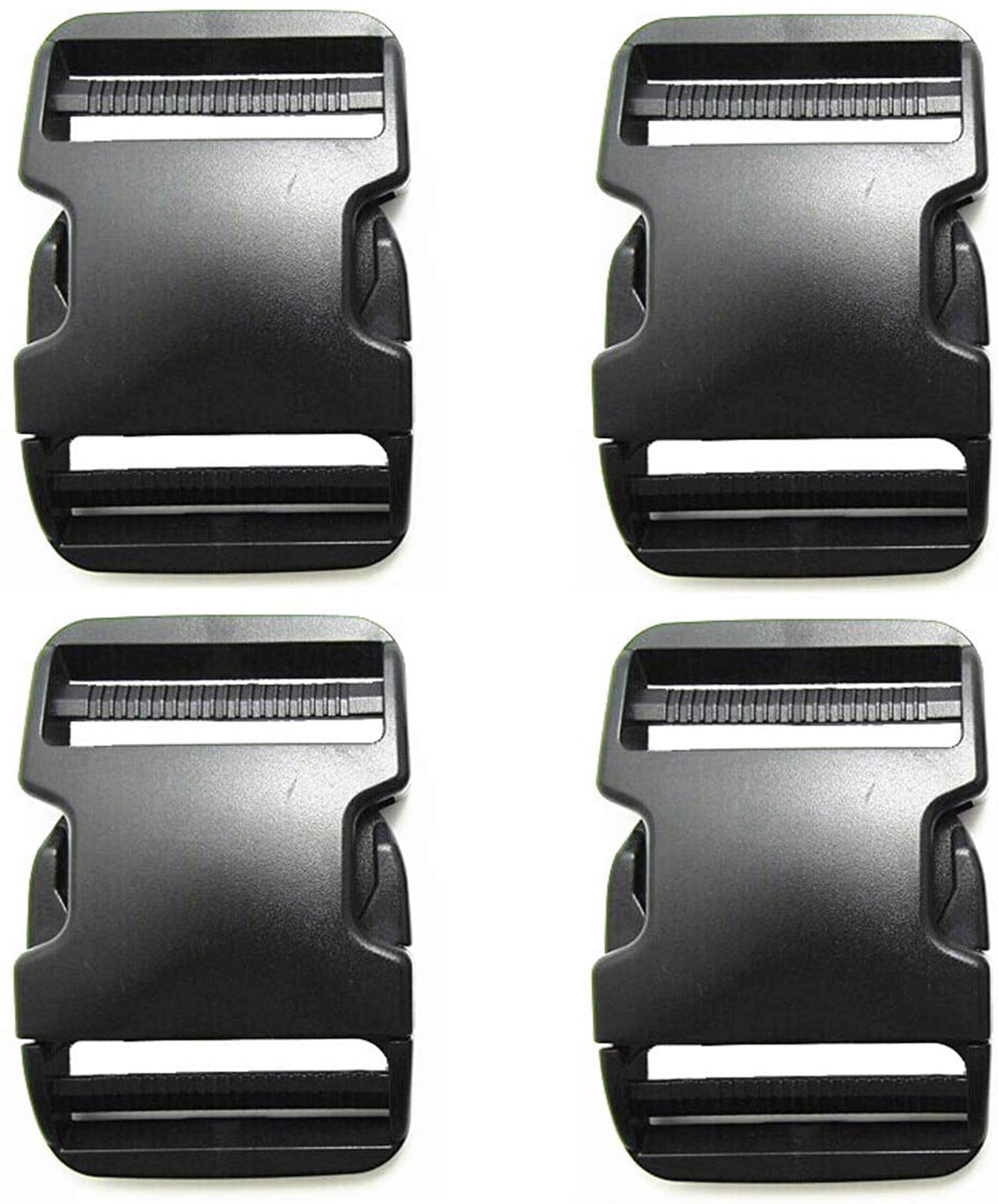 BEAULEGAN Plastic Buckles 50 mm (Pack of 4) - Quick Side Release for Luggage Straps, Pet Collar, Backpack Repair, Dual Adjustable Ends, Black
