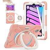 BATYUE Case for iPad mini 7 A17 Pro 2024/iPad Mini 6 2021 8.3 Inch with Pencil Holder, 360 Rotating Stand, Shoulder Strap, Handle Grip, Shockproof Rugged Case for iPad mini 7th/6th Gen, Rosegold