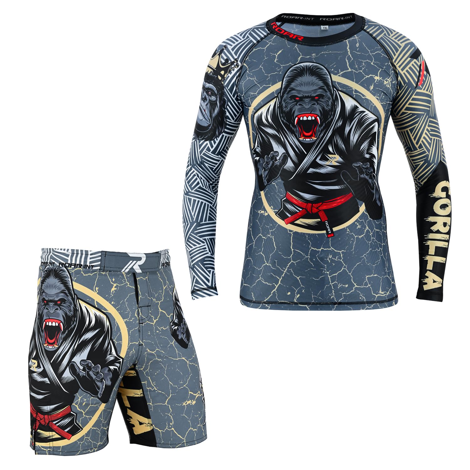 Photo 1 of ***missing top*** ROAR-INT MMA Rash Guard & BJJ Shorts Set Kids Fight Training Grappling Wear Jiu Jitsu Gi Trunks Outfit Set (Standard, X-Large, Gorilla-2Pcs-Set)