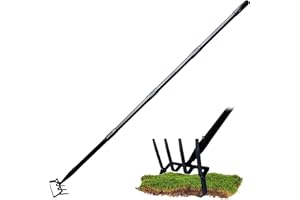 LARNORJE 4-Tines Rake and Stirrup Hoe - Adjustable Long Handle Scuffle Loop Hula Action Hoe for Weeding, Digging, Loosening Soil, Stainless Steel Tiller Cultivator for Gardening, Raised Flower Beds Planting.