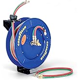 Goodyear Retractable Welding Hose Reel - 1/4" x 65' Twin Oxygen Acetylene Rubber Hoses, Heavy Duty Single Arm, 300 PSI Indust