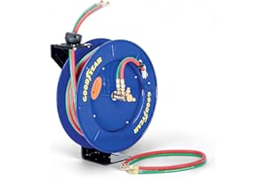 Goodyear Retractable Welding Hose Reel - 1/4" x 65' Twin Oxygen Acetylene Rubber Hoses, Heavy Duty Single Arm, 300 PSI Indust