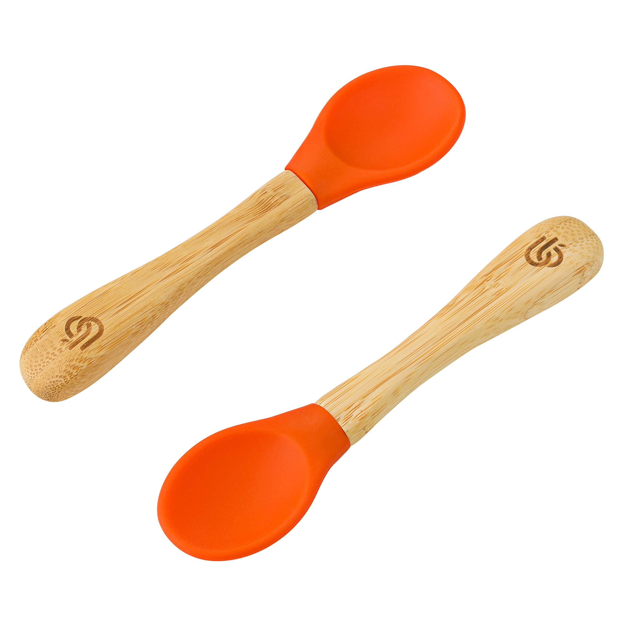 bamboo bamboo ® Baby Weaning Spoons Set of 2 | Bamboo with Soft Silicone Tips | Ergonomic Easy Grip Handles | BPA-Free (Set of 2, Orange)
