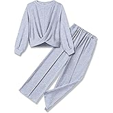 Arshiner Girls 2 Piece Outfits Sweatsuit Set Twist Front Sweatshirt Wide Leg Sweatpants Tracksuit with Pockets