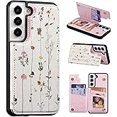 UEEBAI Wallet Case for Samsung Galaxy S21 FE 5G with Card Holders, PU Leather Cover Kickstand RFID Blocking Double Magnetic Clasp Rilievo Flower Shockproof Flip Case for Women Girls - Tree Vine