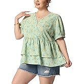 Agnes Orinda Plus Size Women's Blouse V Neck Short Sleeve Layered Peplum Tops 2024 Summer Floral Blouses