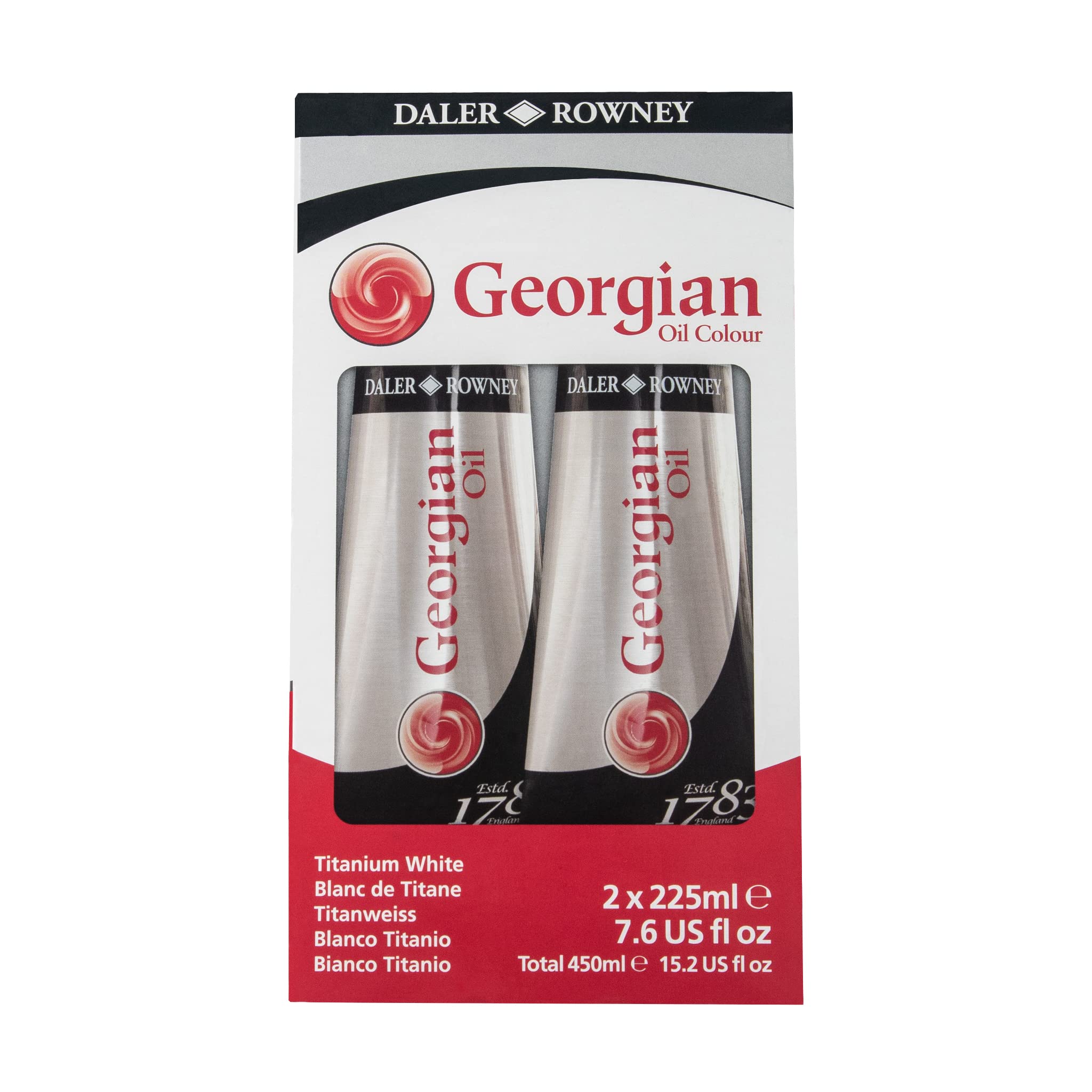 Daler-Rowney Georgian Oil Paint, Aluminium Tube, 7.61oz - 225 ml, Cardboard Box, Titanium White Twin Pack Set, 2pcs