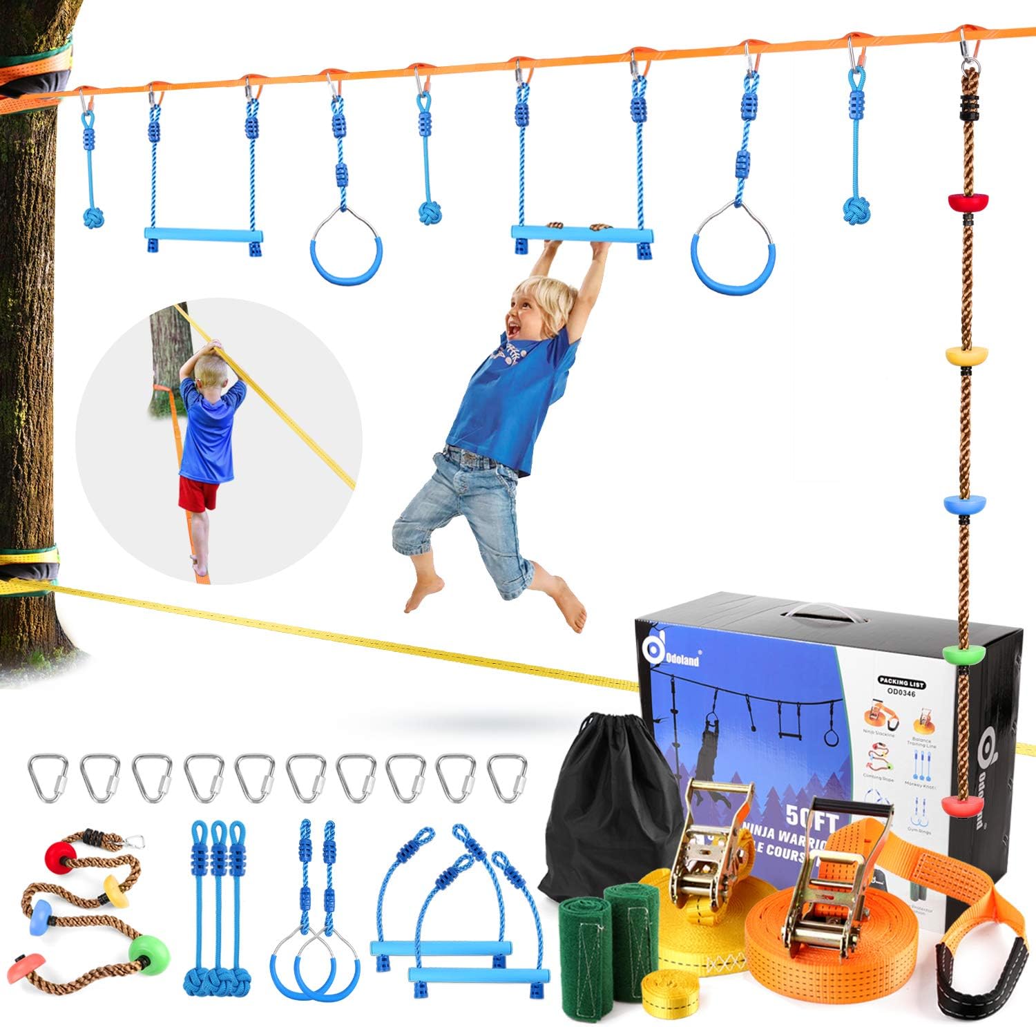 Odoland 50ft Ninja Slackline line with 8 Obstacle Course Setting, Outdoor Ninja Warrior Kit Training Equipment for Kids with Swing Rings Monkey Bars Ninja Knot and Climb Rope for Tree and Backyard: Kitchen & Dining