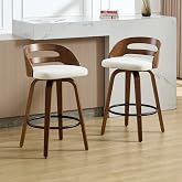 26" Swivel PU Leather Counter Height Bar Stools Set of 2, Low Back, Cream | Upholstered Barstools, Walnut Kitchen Island Chairs, Metal Footrest, Breakfast Bar Seating, Mid-Century Modern