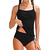 Girls Swimsuit Adjustable Straps Two Piece Tankini Set Criss Cross Ruched Drawstring Teen Bathing Suits for Girls 9-16Y