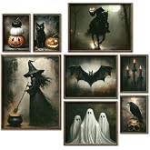 JarThenaAMCS 8Pcs Vintage Halloween Wall Art Prints Scary Headless Horse Witch Bat Ghost Art Poster Dark Goth Moody Wall Decor for Gallery Living Room Bedroom Decor (UNFRAMED)