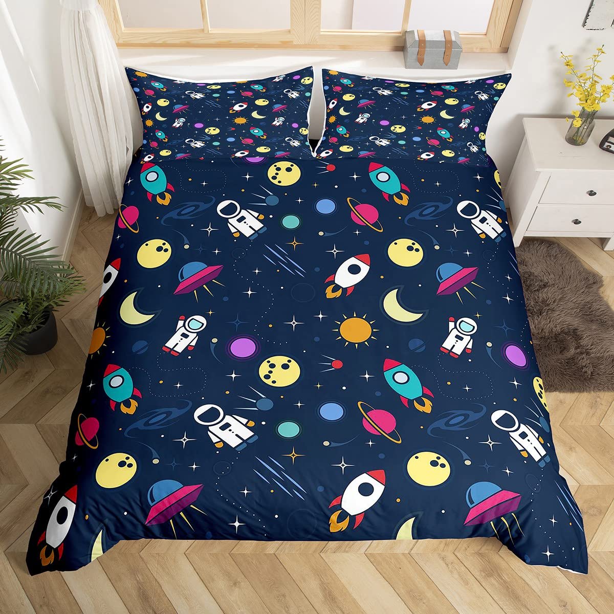 Loussiesd Cartoon Astronaut Bedding Set for Girls Boys Child Space Rocket Comforter Cover Decorative Galaxy Cosmonaut Spaceman Duvet Cover Universe Planets Bedspread Cover King Size 3Pcs