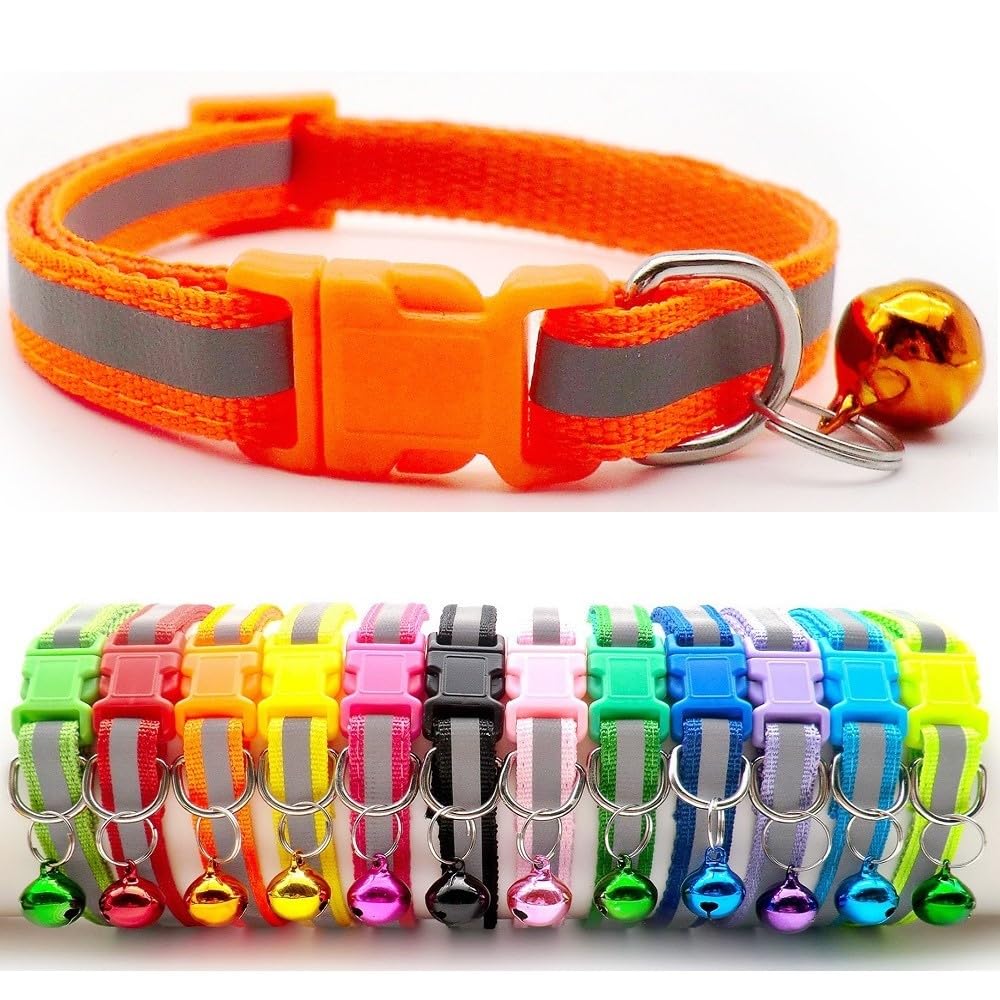 Small Dog Puppy Pet Collar Reflective Hi-Vis Strip with Bell Nylon Adjustable Size 19-32cm Orange