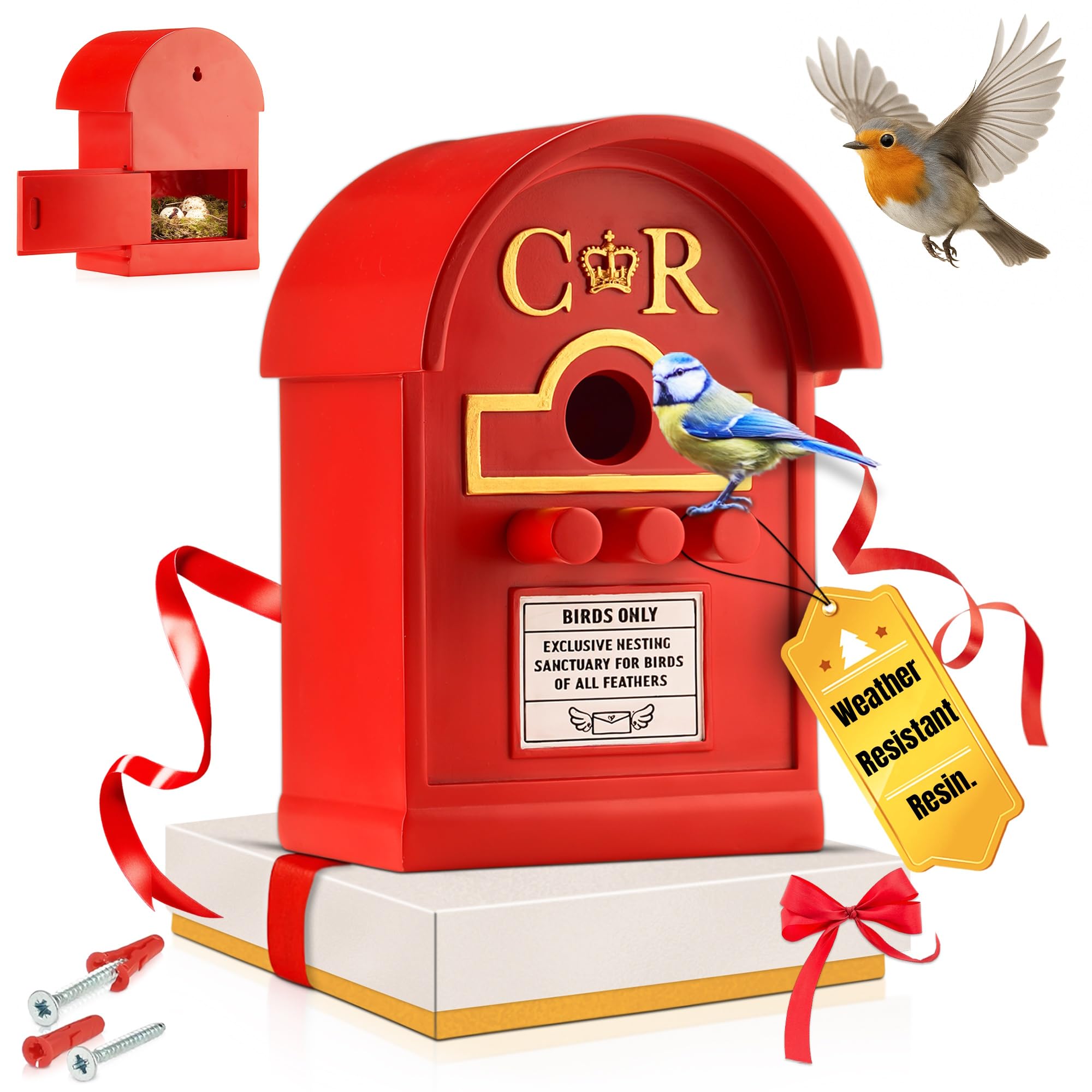 Wrenbury Postbox Bird House for Small Birds - Hanging Nesting Letter Box Bird Boxes for Gardens - Weather Resistant Resin - Wall Mounted