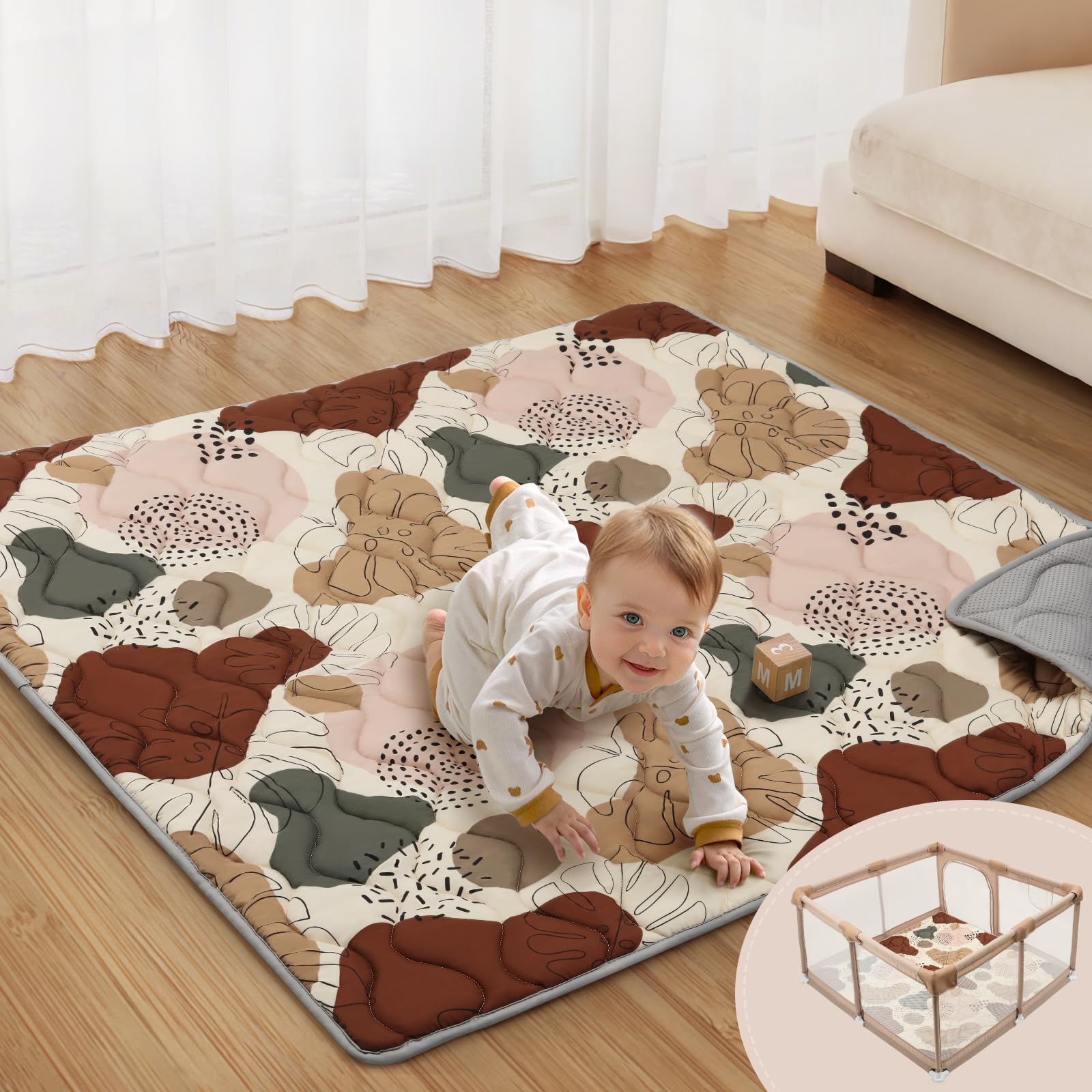 Photo 1 of Blissful Diary Baby Play Mats for Floor, 47x47 Playpen Mat, Thicker Cushioning Padding Foam Playmat for Baby and Toddlers Infants, Non-Slip & Machine Washable, Boho Design