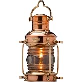 Kings County Tools Antique Maritime Oil Lamp, Copper/Brass, 11&rdquo; | Working Lantern with Built-In Hook for Easy Hanging - Hanging Lamp with Fresnel Glass Design for Vintage Home Decor