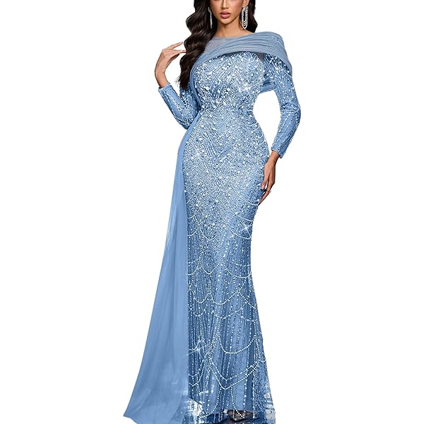Amazon.com: Women's Long Sleeve Full Sequins Mermaid Gown Long Prom Party  Dress(a-Blue,s) : Clothing, Shoes & Jewelry