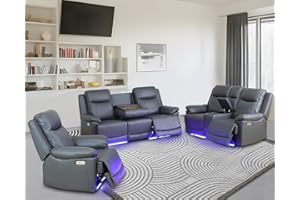 PLITHZY Leather Power Recliner Sofa Set with LED, Reclining Living Room Set, Power Recliner Couch Set with USB Port/Cup Holder/Storage (3 Piece Leather Couch Set, Dark Grey)