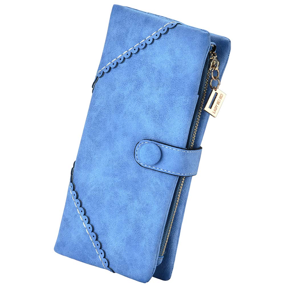 Women Vegan Leather Wallet Bifold Clutch Large Capacity Card Organizer Buckle Long Purse for Girls Candy Color, Blue, L, Bifold Women Wallet