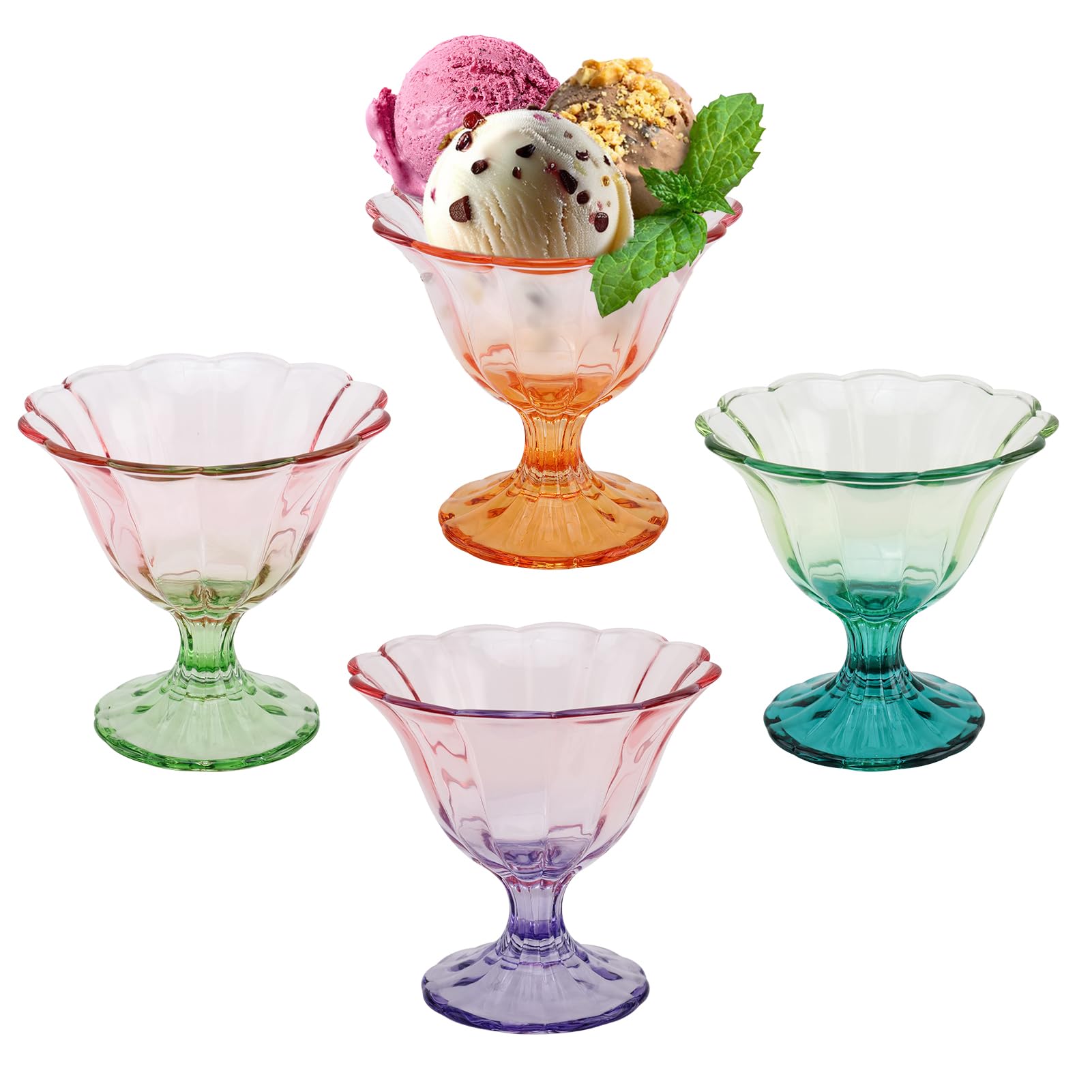 Glass Dessert Bowls 10 Oz Set of 4 Ice Cream Cups Footed Bowl Assorted Colors Clear Drinking Cup for Sundae, Dessert, Candy, Fruit, Ice Cream, Snack Pudding