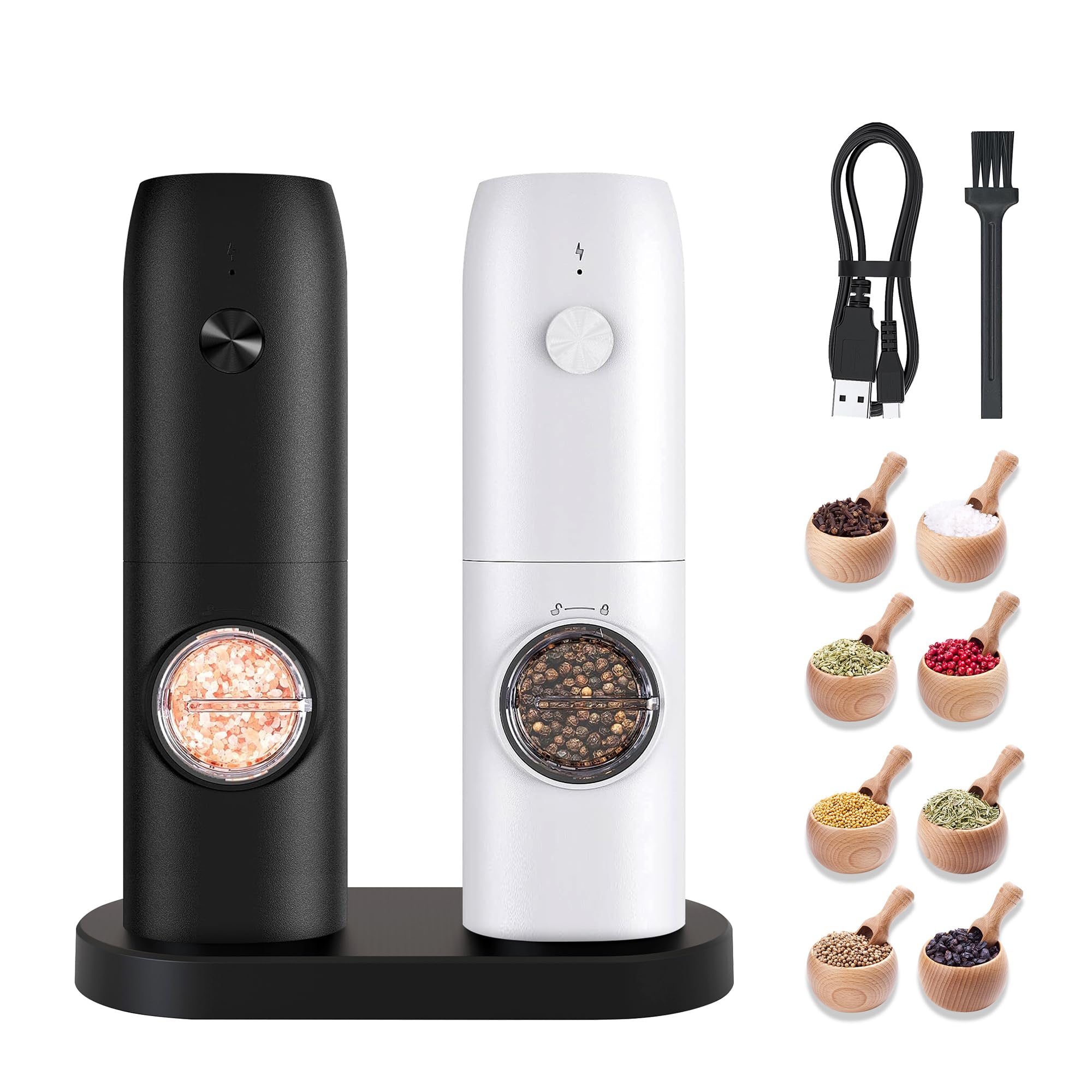 BGFOX Electric Salt and Pepper Grinder Set Rechargeable Automatic Salt and Pepper Mills Shakers with 5 Adjustable Coarseness, LED Light and Storage Base, 2 Packs, Black&White Easy to Distinguish