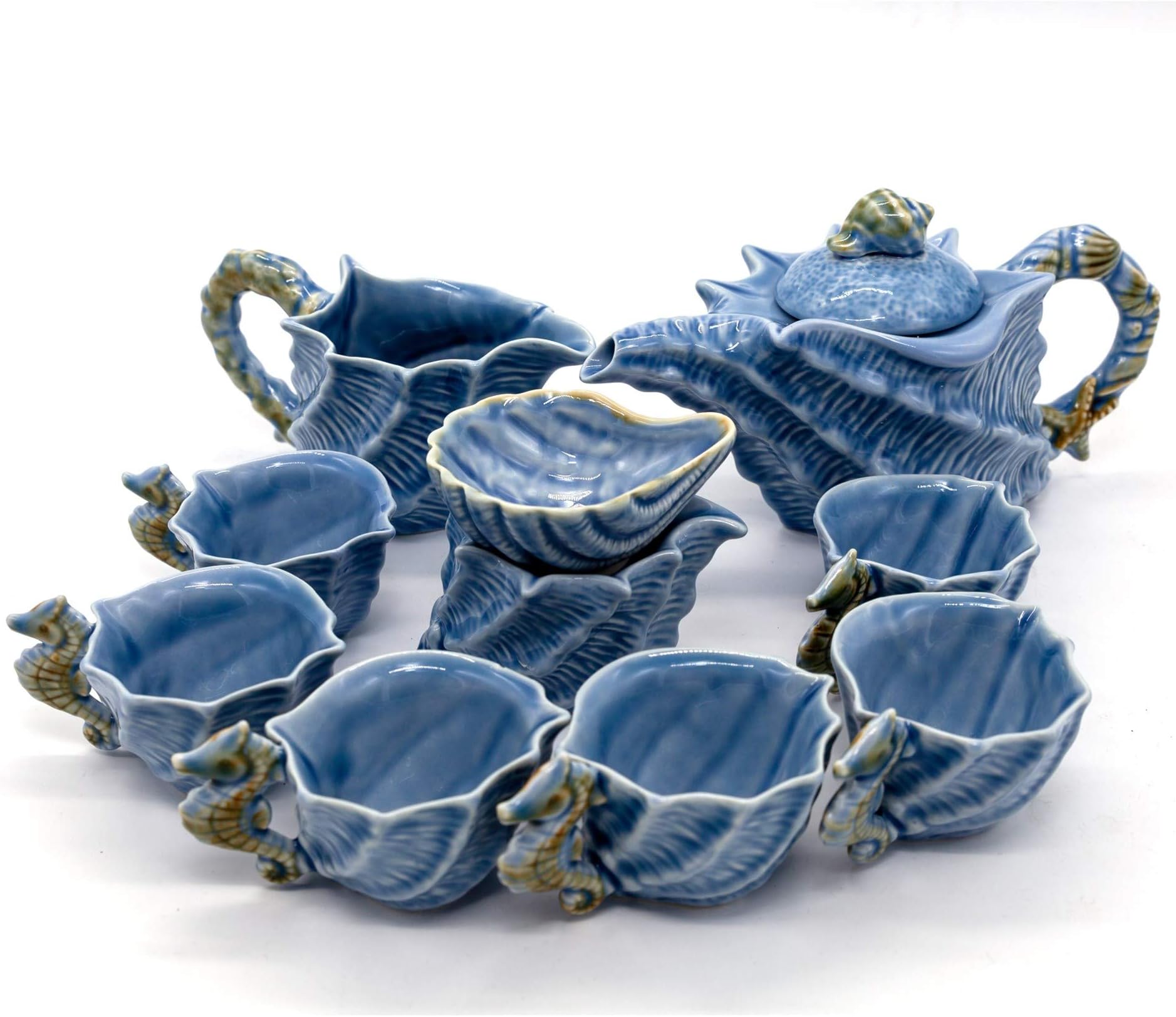 Sky Blue Glaze Conch Shaped Tea Set, Including Tea Pot1, Tea Pitcher1, Tea Strainer1 Tea Cup 6, Chinese Kung Fu/Gong Fu Tea Set