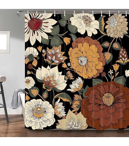 Cortina De Ducha De Flores Blancas Y Negras Rústico Vi... | Cuotas Sin