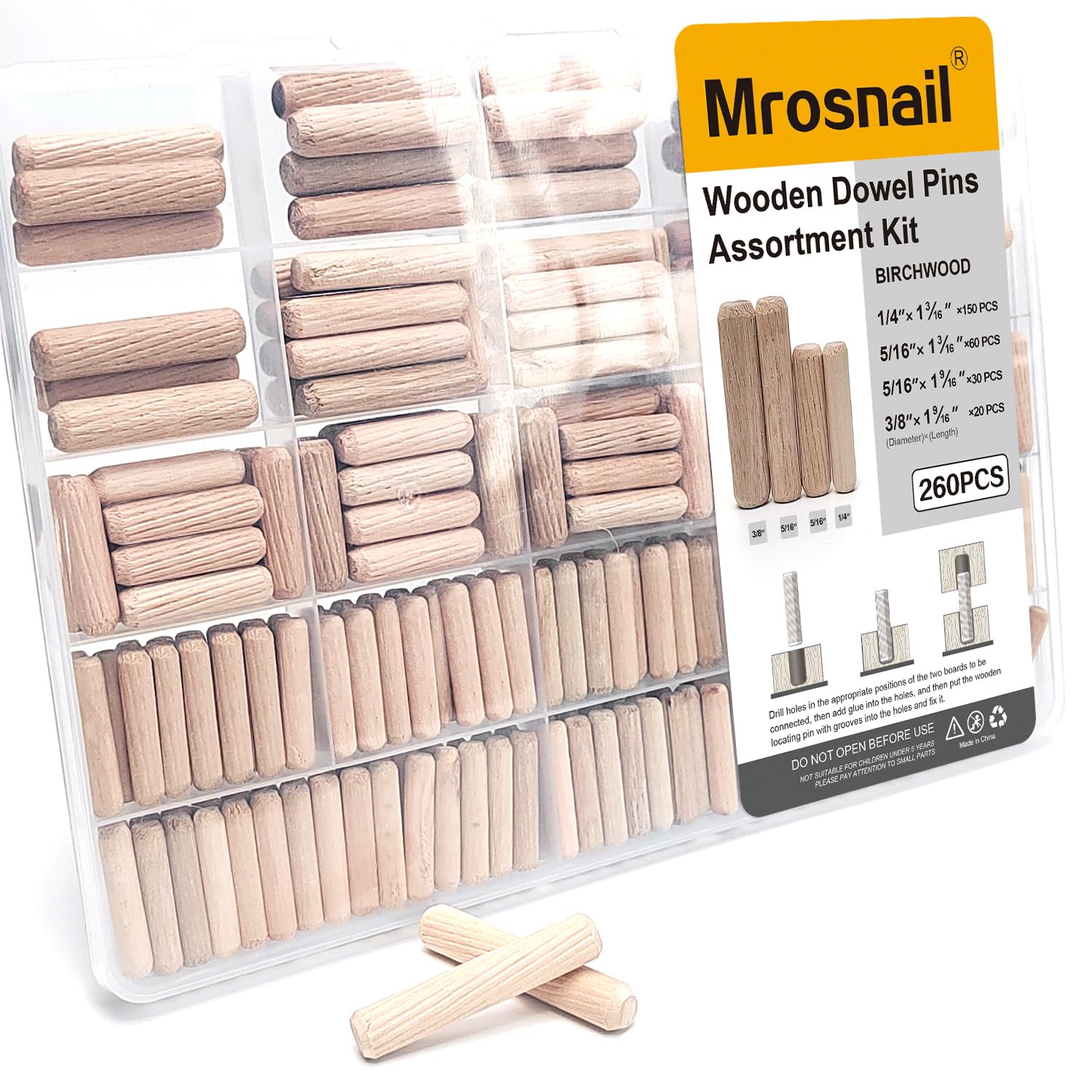 Photo 1 of 260 Pcs Wooden Dowel Pins in 4 Sizes, 1/4, 5/16, 3/8 inch Fluted Wood Dowels Hardwood Pegs for Table Legs, Wooden Frames, Bookshelves