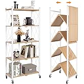 Yuanjimi 5-Tier Foldable Storage Shelves with Wheels, Folding Metal Shelf Unit, Folding Bookshelf no Assembly, Collapsible Shelves for Craft Shows for Kitchen, Bedroom, Living Room, Natural