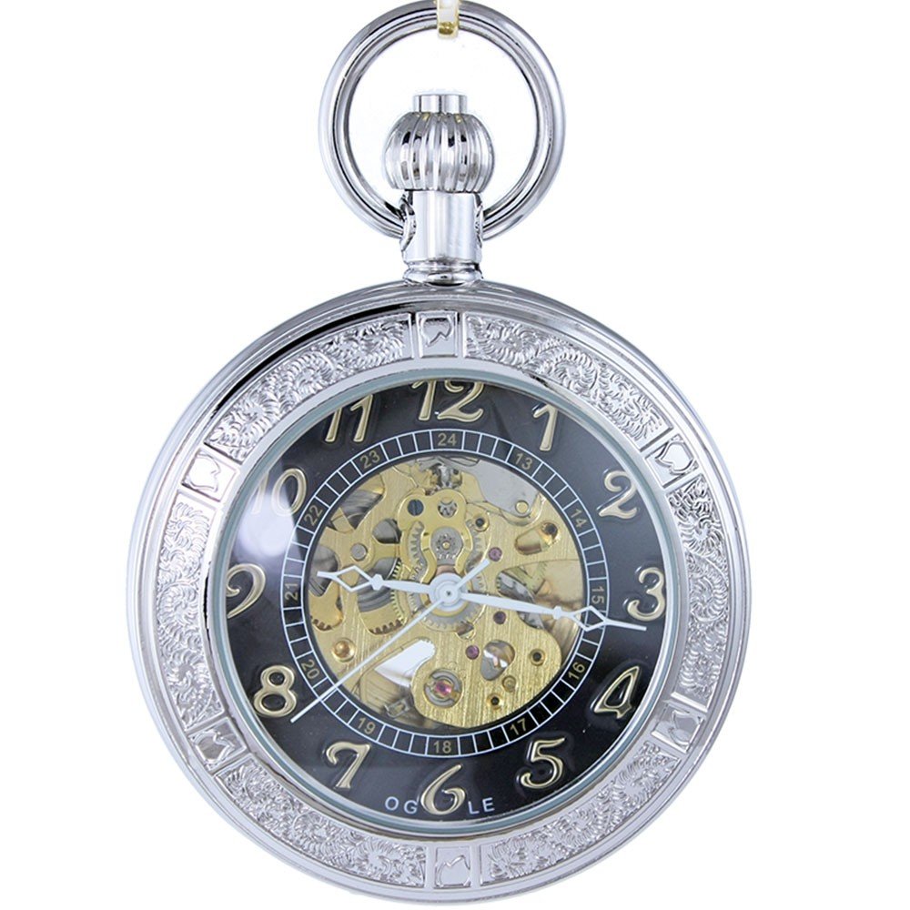 Ogle Waterproof Magnifier Skeleton Chain Silver Fob Self Winding Automatic Mechanical Pocket Watch (Silver Black)