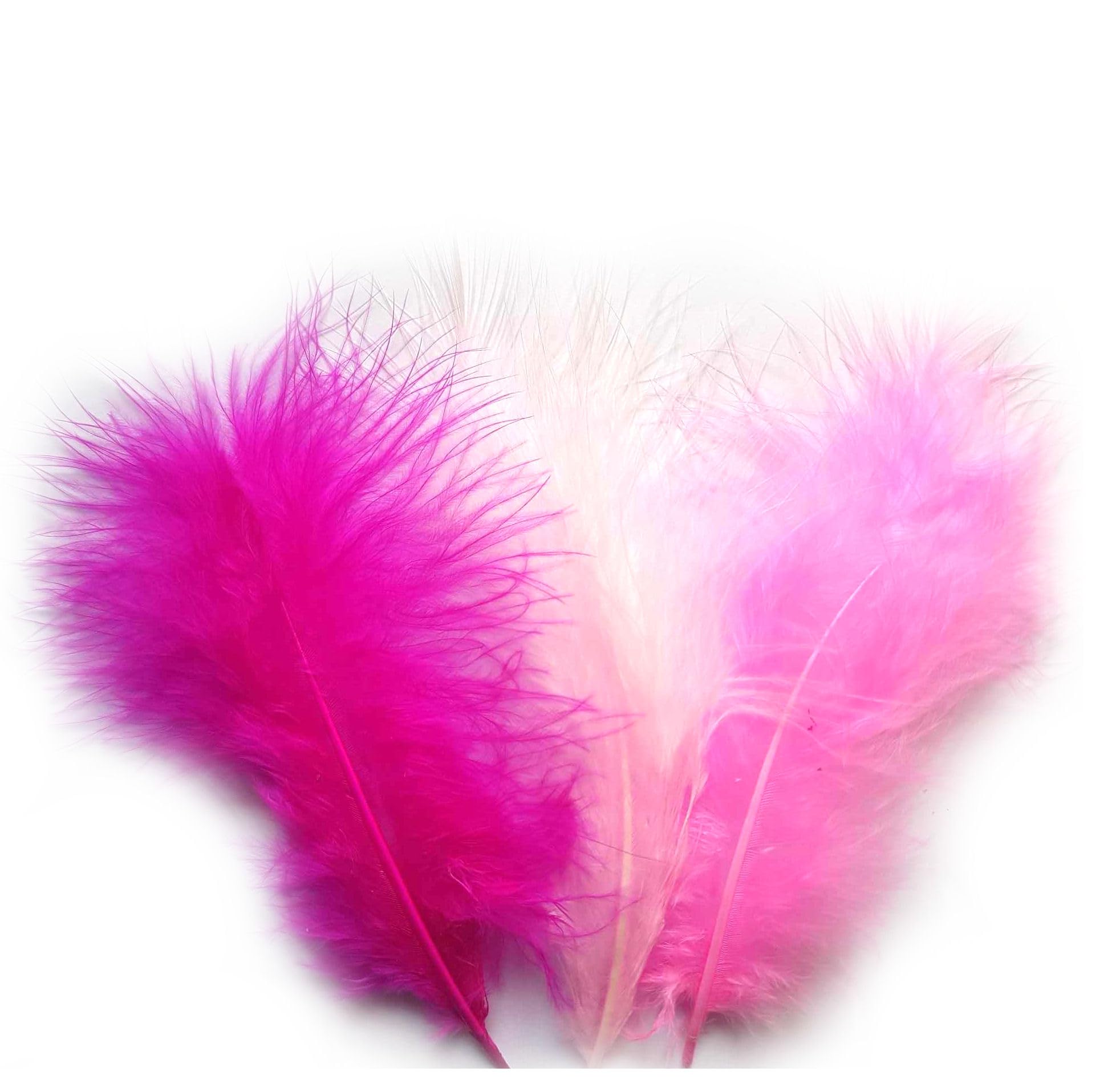 Marabou Feathers in Pink Shades (Pack of 20) Shocking Pink, Baby Pink and Hot Pink. Measures from small 2 to 3 inch upwards to 5 or 6 inch. A mix assortment of sizes.
